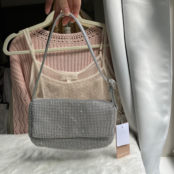 NWT Rhinestone Mesh Shoulder Bag | Silver Metallic Buckle Strap Purse - Picture 12 of 16